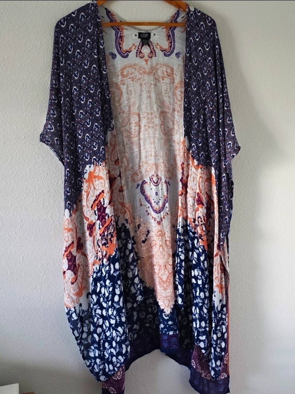 Flowy Open-Front Paisley Kimono Tunic — Navy & Coral